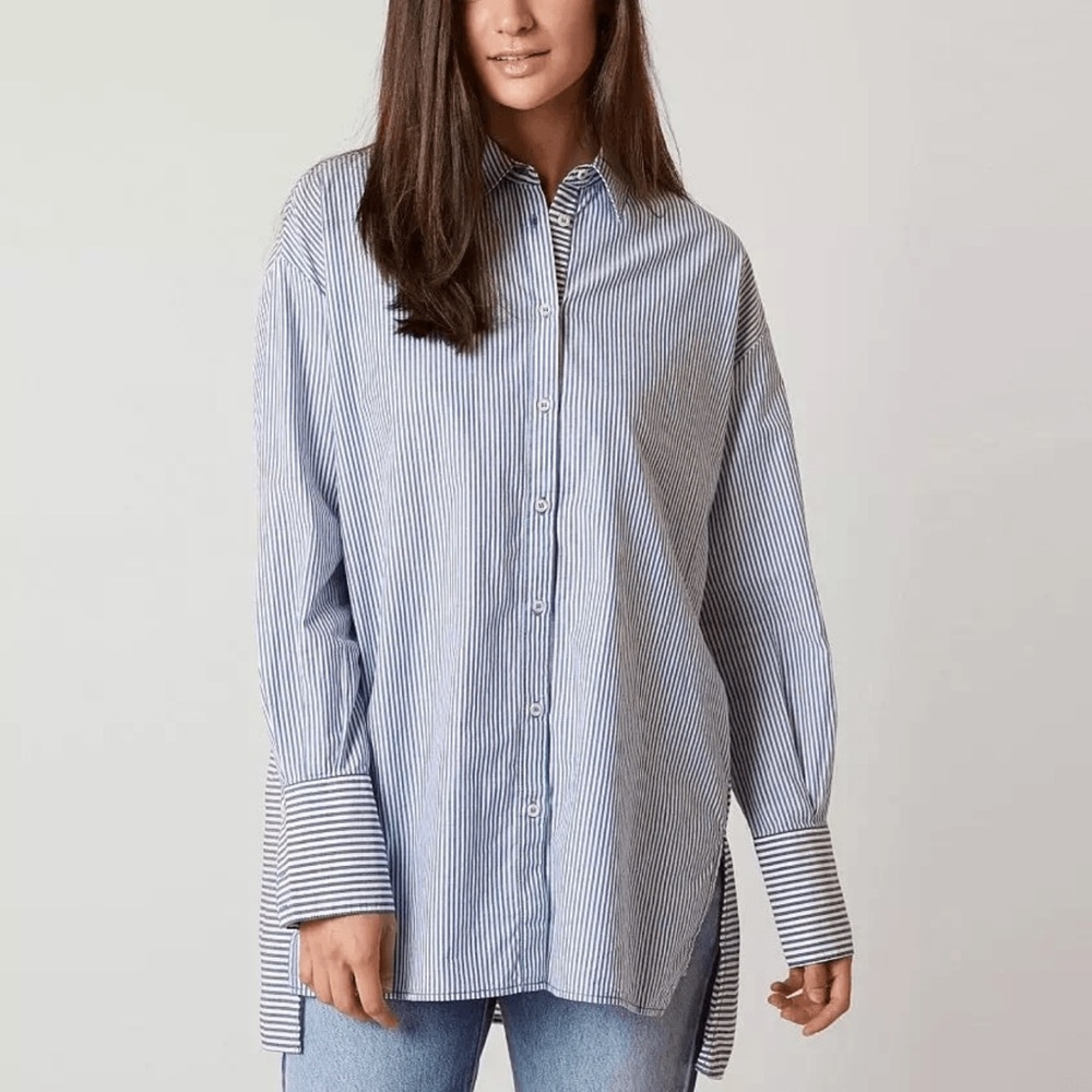 Free People Navy and White Striped Blouse
